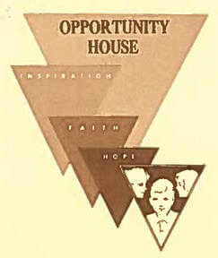 Collage showing three Opportunity House headquarters buildings in Sycamore, IL, and a former Opportunity House logo.